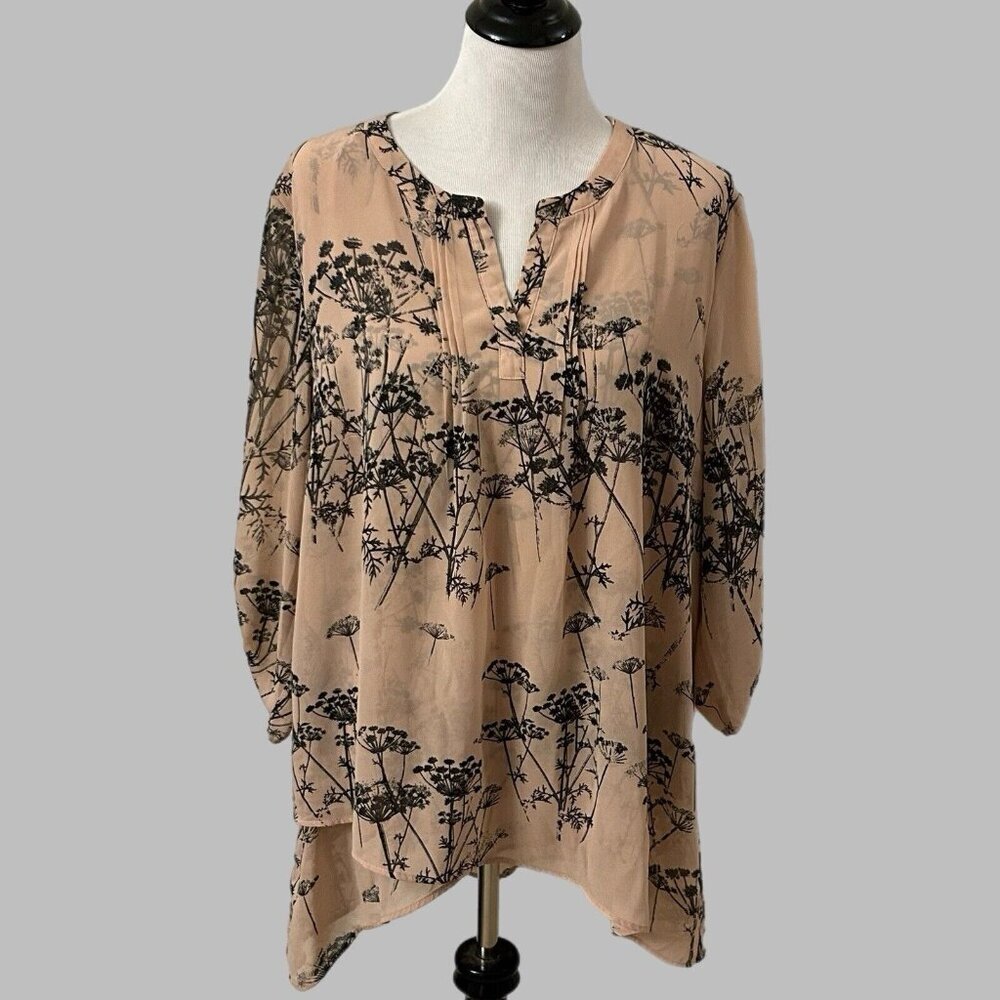 Top Plus Size 2XL XXL Blouse 3/4 Sleeve Roll Tab Sheer Nude Black